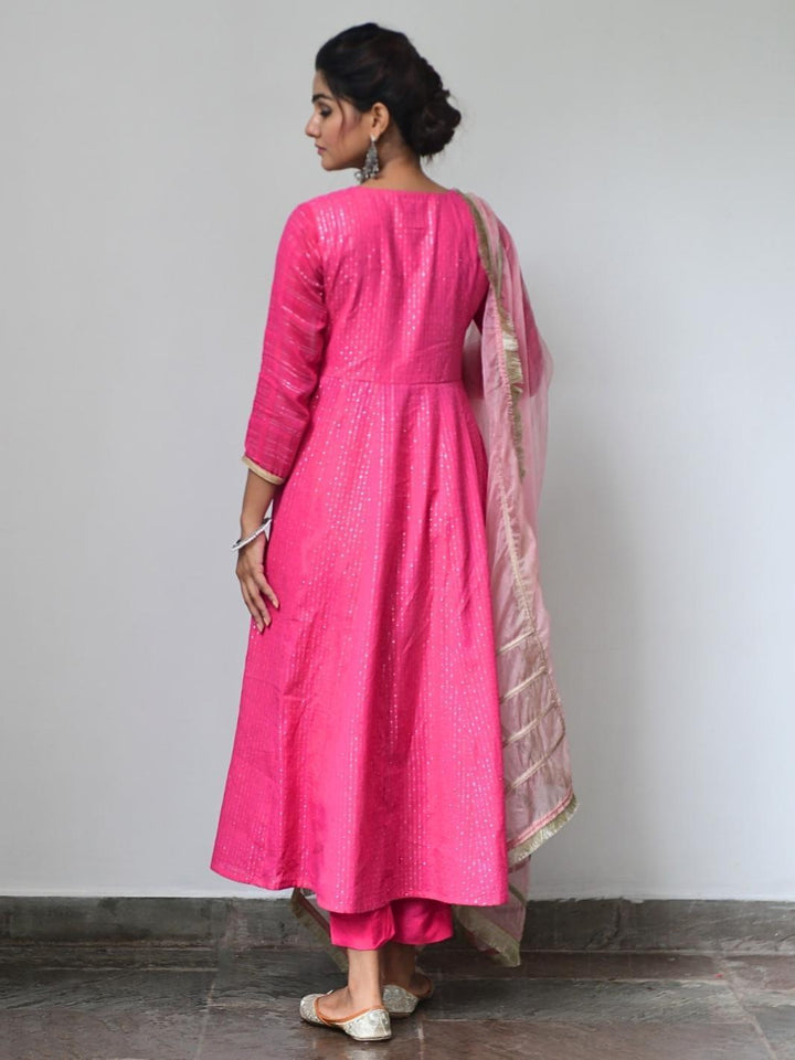 Fuchsia Ethnic Anarkali Set with Organza Dupatta & Gota patti Work - Myaara