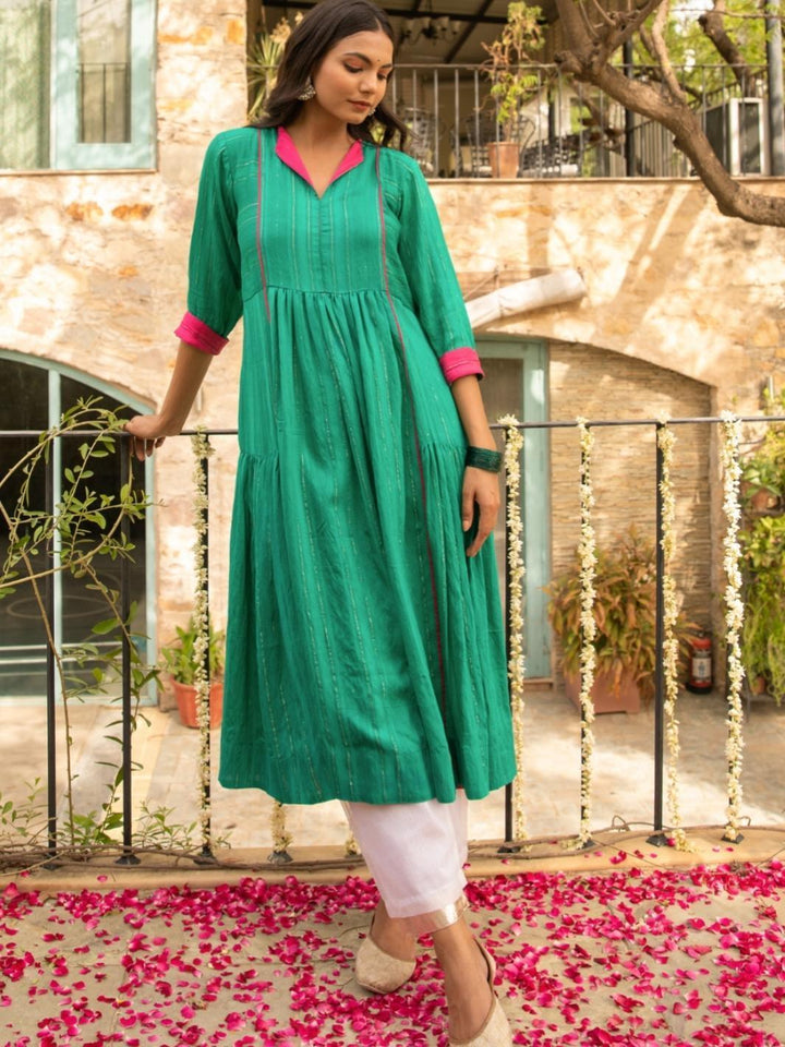 Green Chanderi Flared Kurta Set with Pants - Myaara