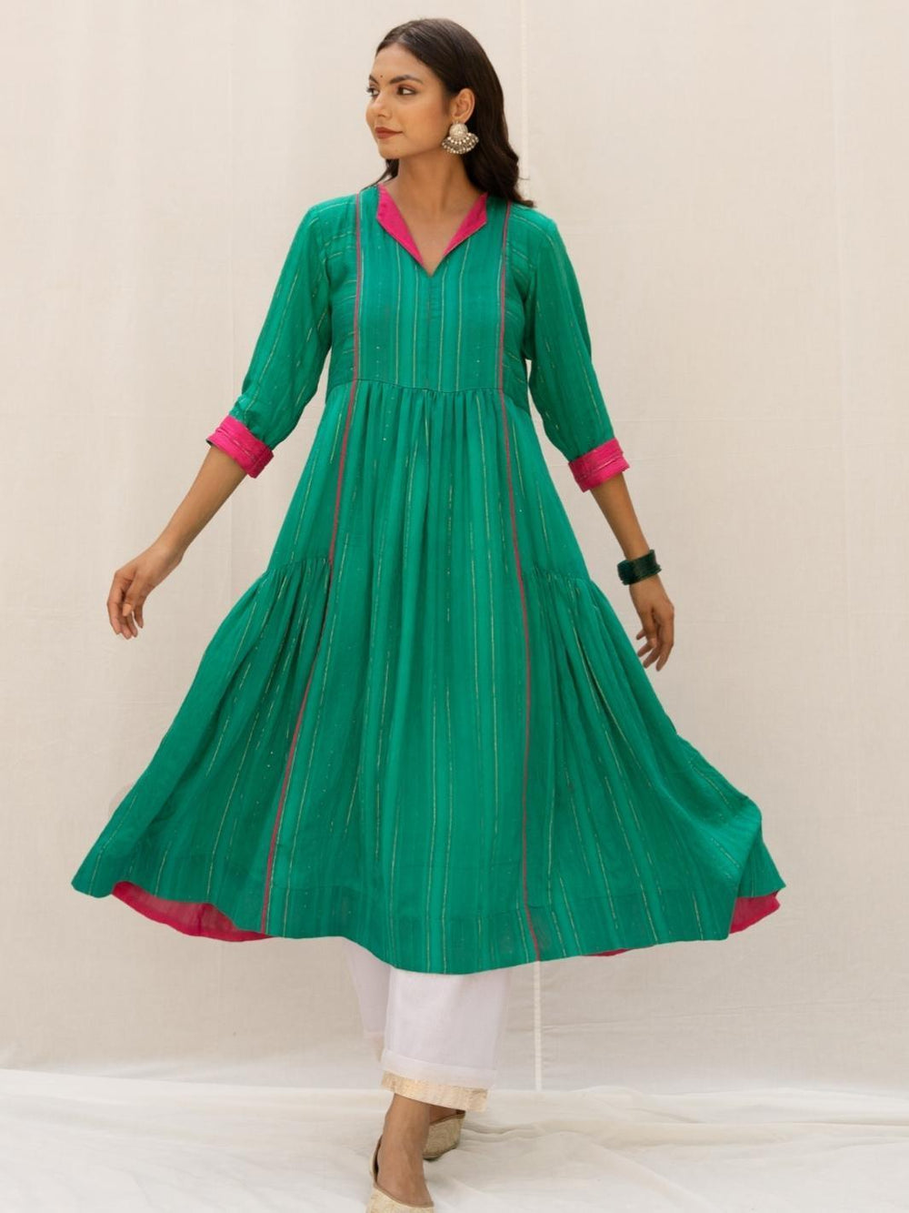 Green Chanderi Flared Kurta Set with Pants - Myaara