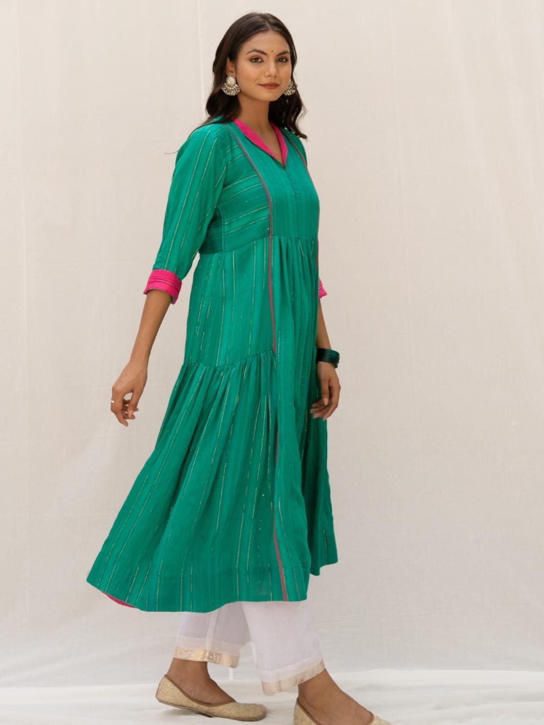 Green Chanderi Flared Kurta Set with Pants - Myaara