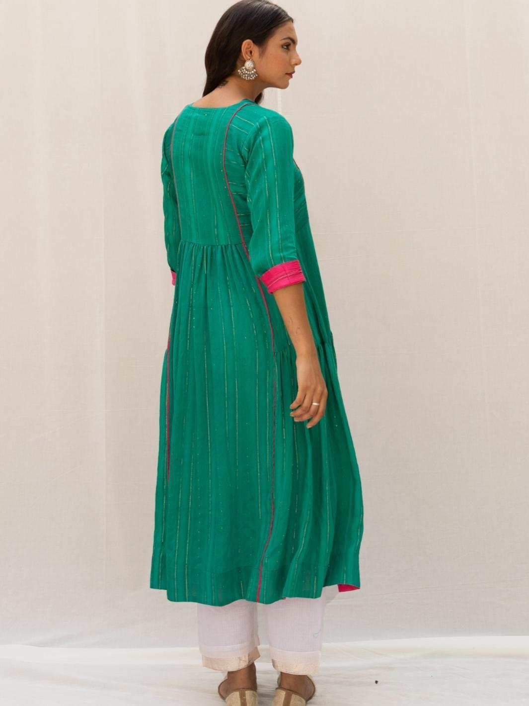 Green Chanderi Flared Kurta Set with Pants - Myaara