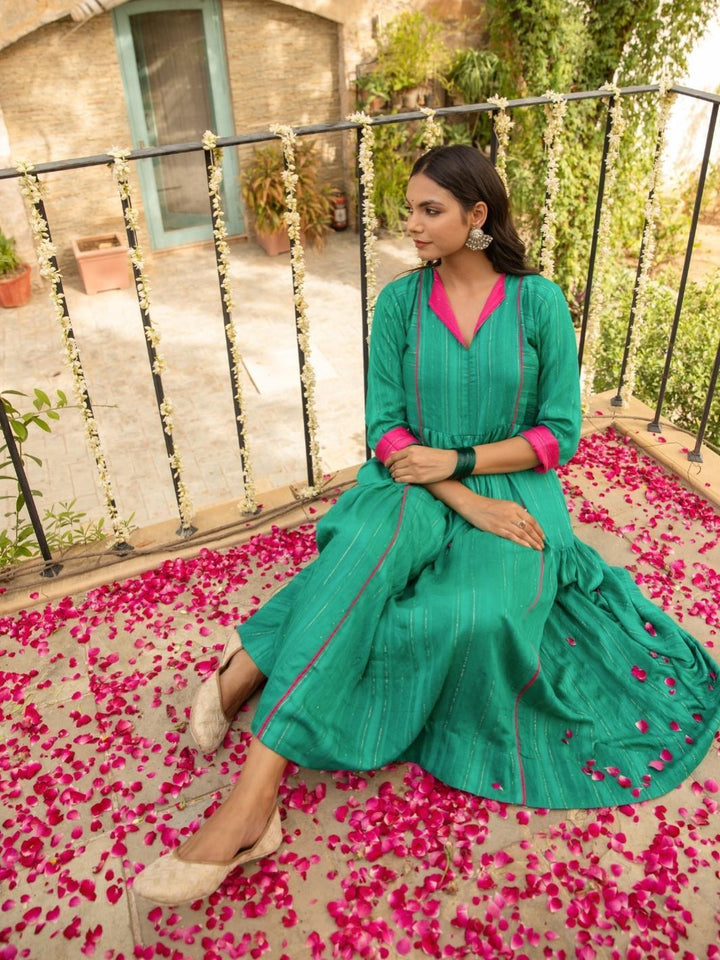 Green Chanderi Flared Kurta Set with Pants - Myaara