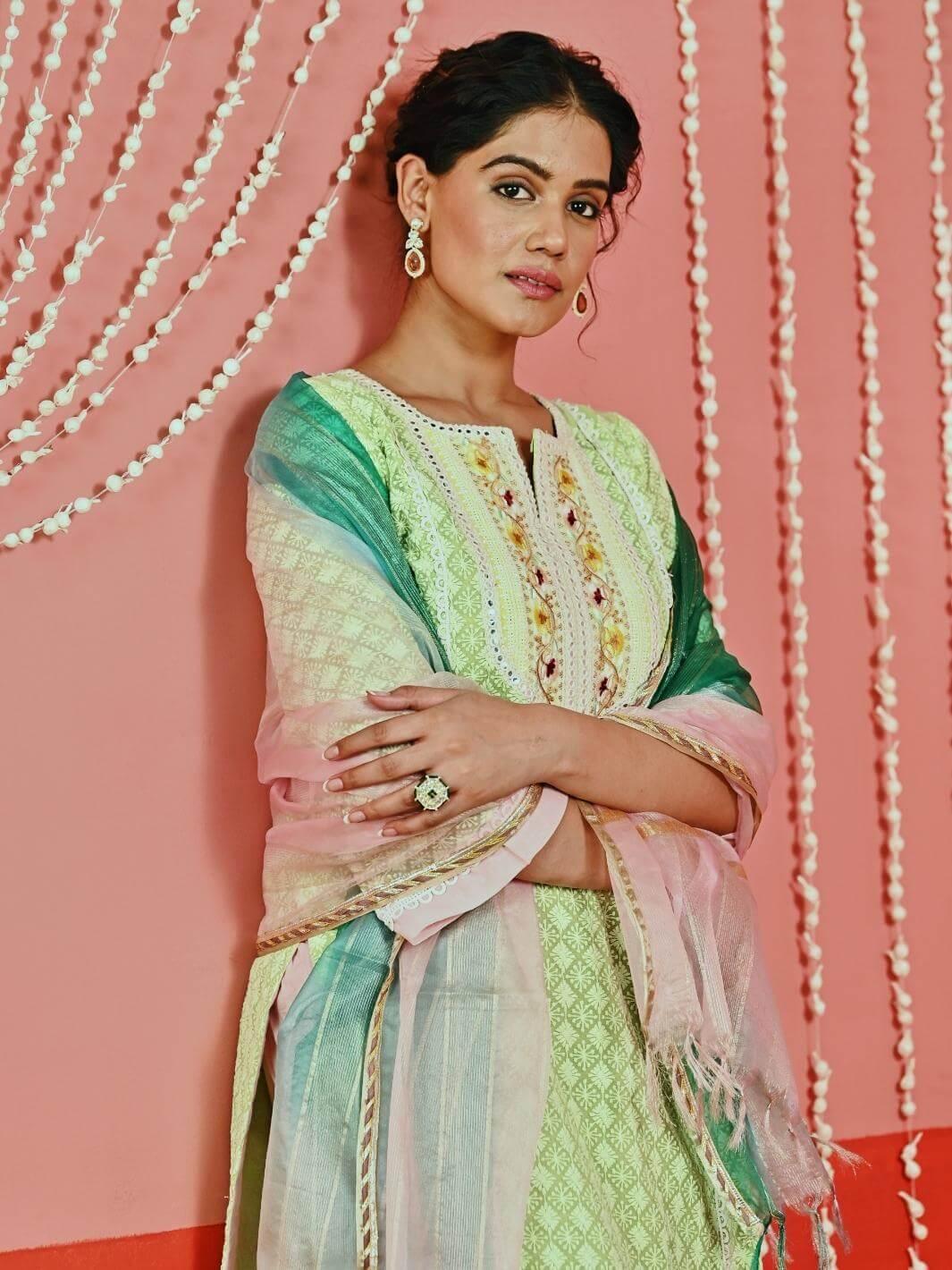 Green Cotton Ethnic Kurta Set with Self-Embroidery & Organza Dupatta - Myaara