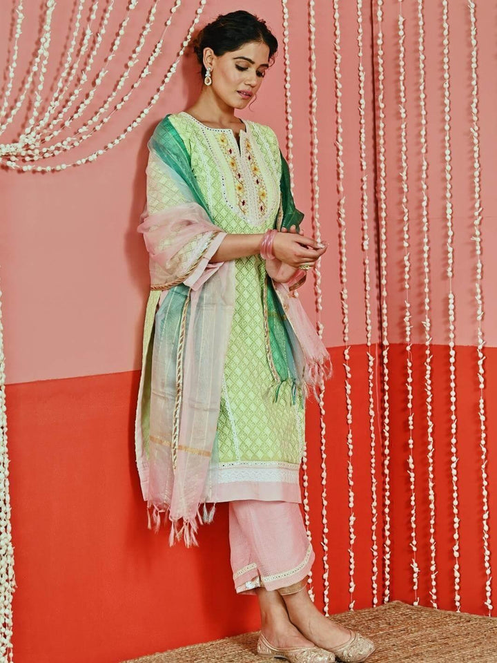 Green Cotton Ethnic Kurta Set with Self-Embroidery & Organza Dupatta - Myaara