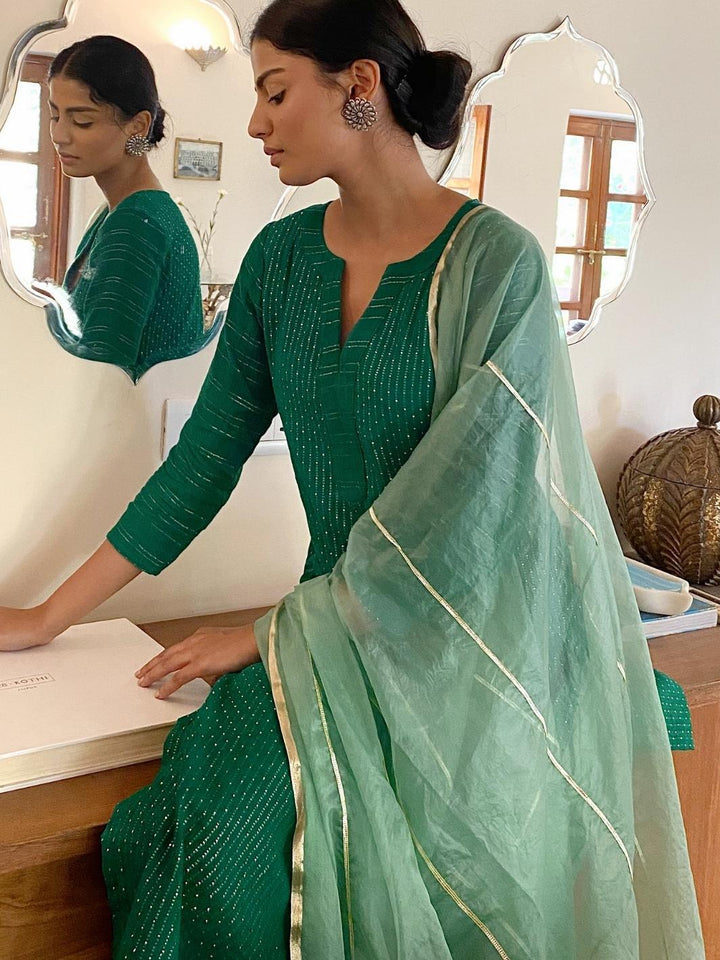 Green Cotton Lurex Ethnic Kurta Set with Organza Dupatta - Myaara