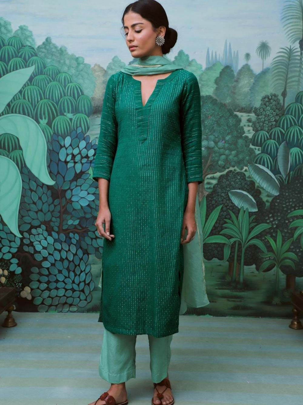 Green Cotton Lurex Ethnic Kurta Set with Organza Dupatta - Myaara