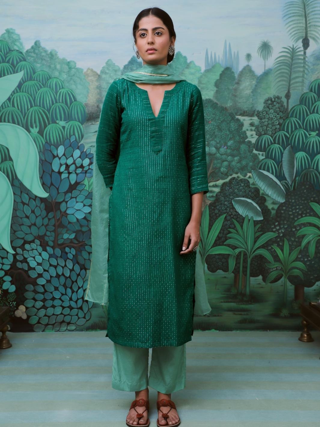 Green Cotton Lurex Ethnic Kurta Set with Organza Dupatta - Myaara