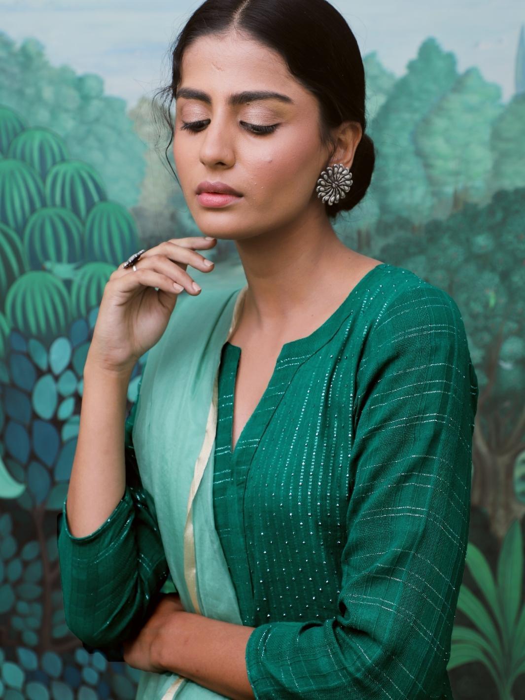 Green Cotton Lurex Ethnic Kurta Set with Organza Dupatta - Myaara