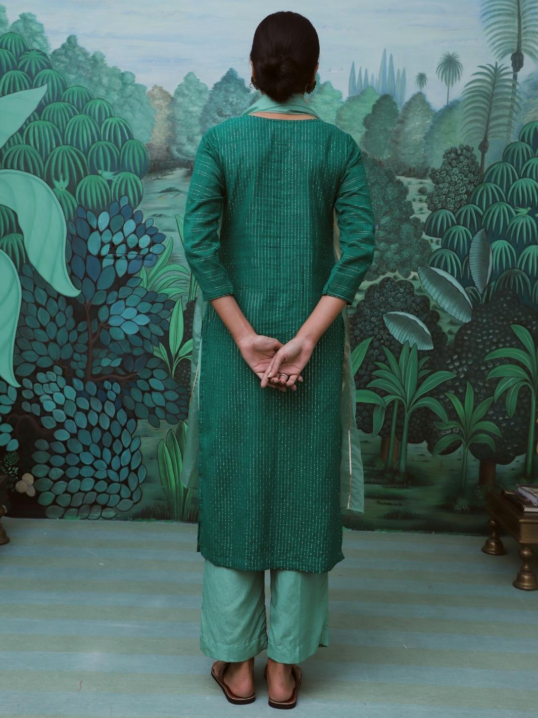 Green Cotton Lurex Ethnic Kurta Set with Organza Dupatta - Myaara