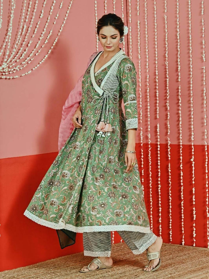 Green Printed Cotton Ethnic Anarkali Set with Ombre Dupatta - Myaara