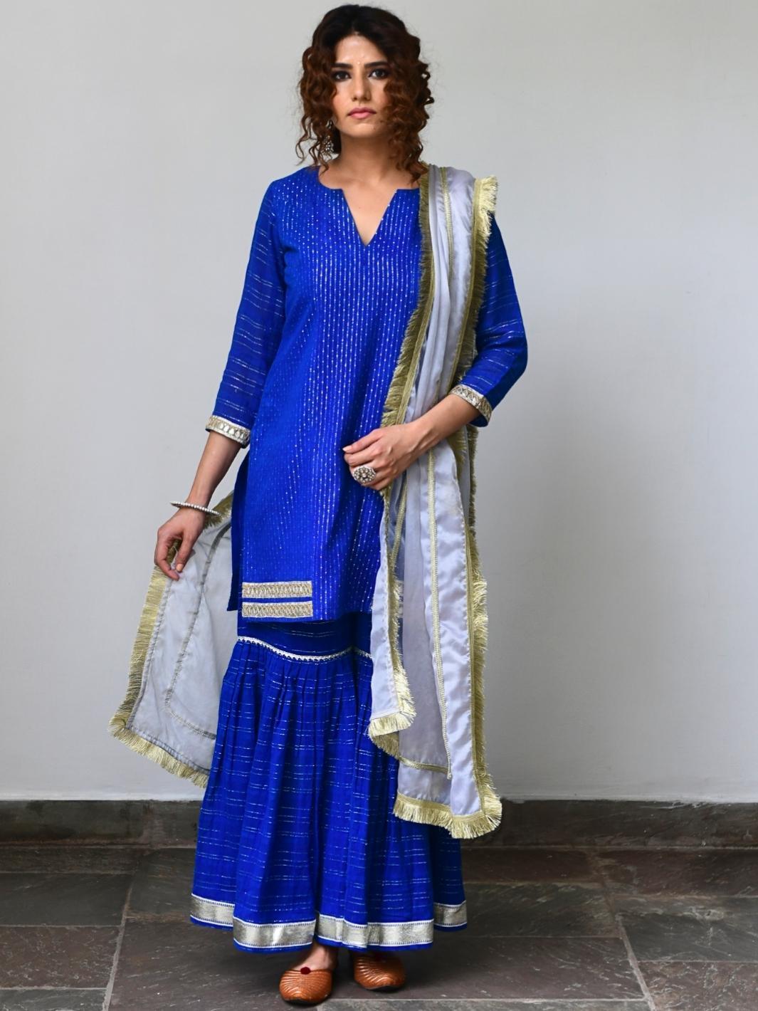 Indigo Blue Ethnic Sharara Set with Organza Dupatta & Gota-work - Myaara