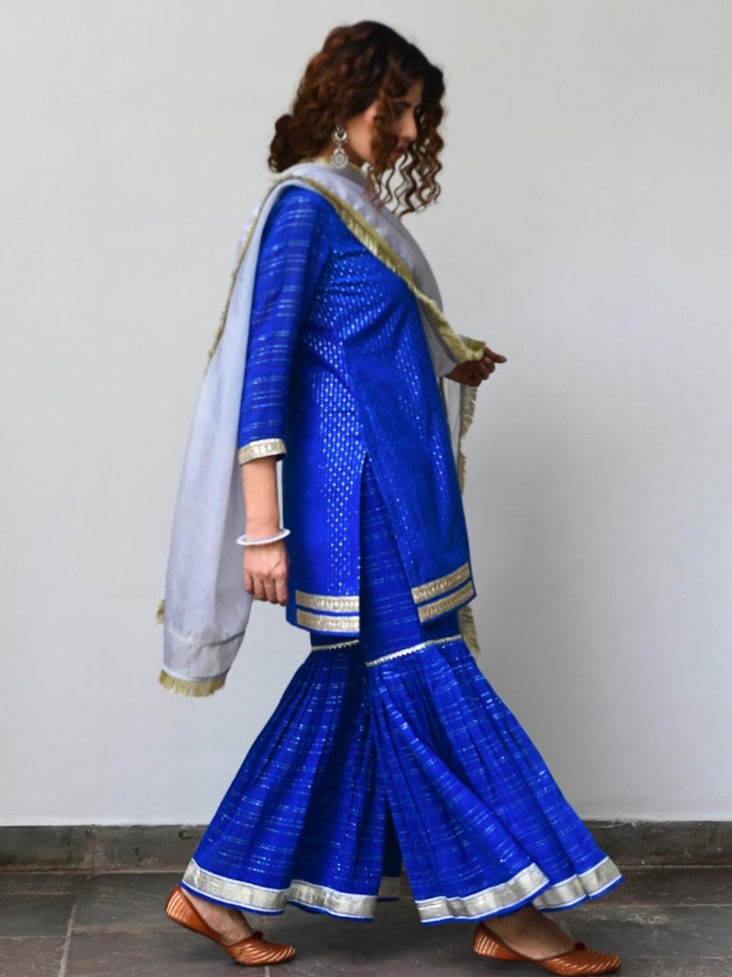 Indigo Blue Ethnic Sharara Set with Organza Dupatta & Gota-work - Myaara