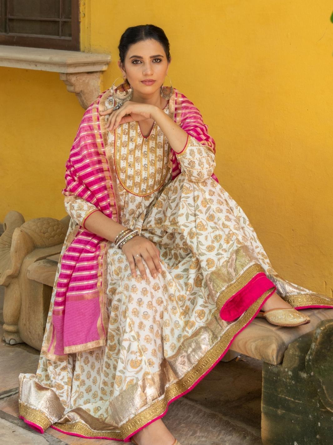 Ivory Printed Muslin Anarkali Set with Cotton Organza Dupatta - Myaara