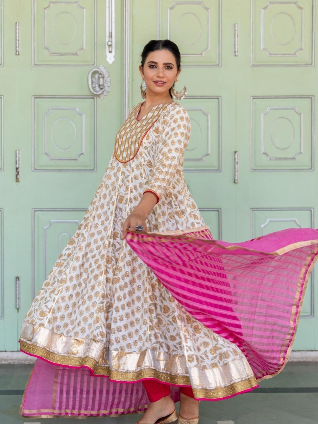 Ivory Printed Muslin Anarkali Set with Cotton Organza Dupatta - Myaara