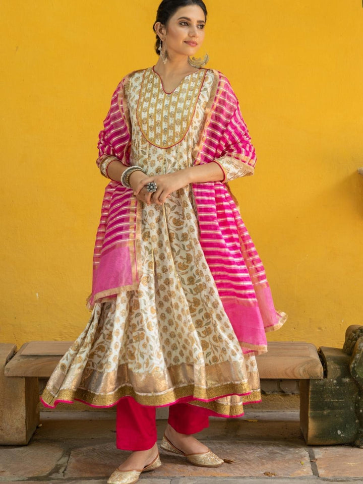 Ivory Printed Muslin Anarkali Set with Cotton Organza Dupatta - Myaara