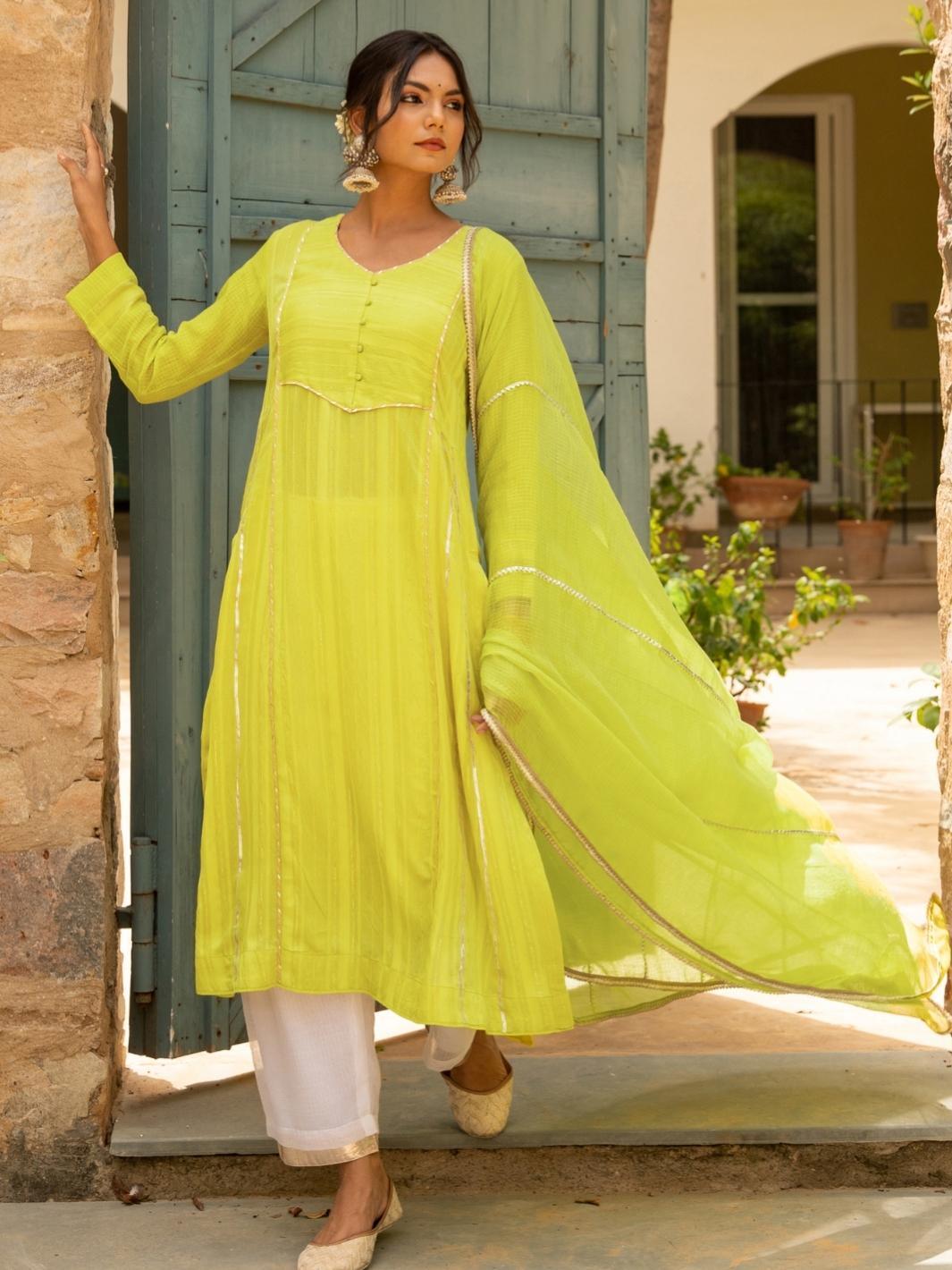 Lemon Green A-line Chanderi Ethnic Kurta Set with Kota Dupatta - Myaara