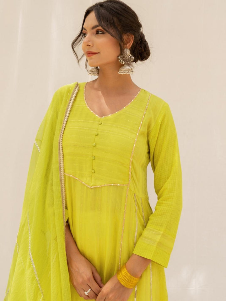 Lemon Green A-line Chanderi Ethnic Kurta Set with Kota Dupatta - Myaara