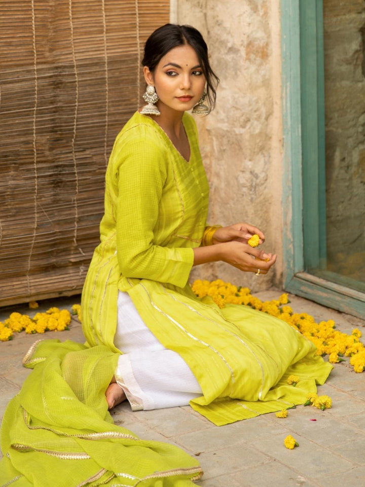 Lemon Green A-line Chanderi Ethnic Kurta Set with Kota Dupatta - Myaara