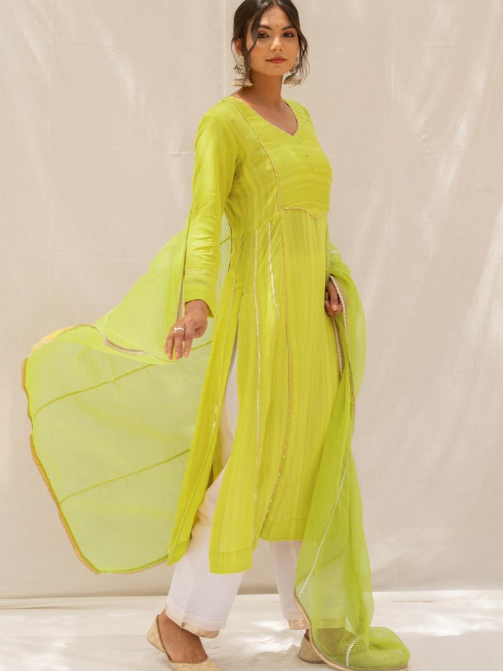 Lemon Green A-line Chanderi Ethnic Kurta Set with Kota Dupatta - Myaara