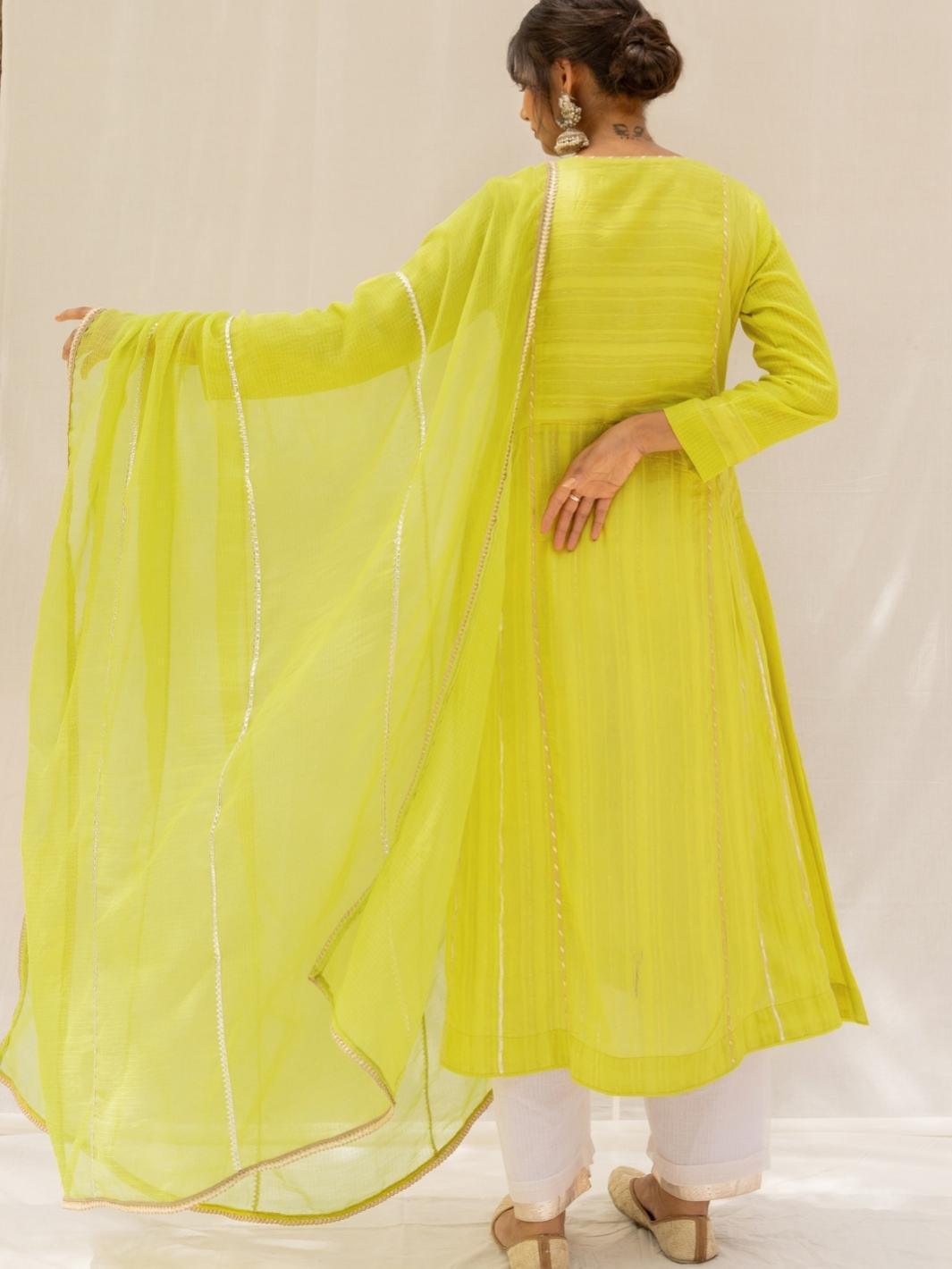 Lemon Green A-line Chanderi Ethnic Kurta Set with Kota Dupatta - Myaara