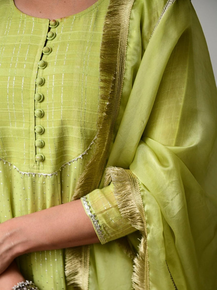 Lime Green Ethnic Anarkali Set with Organza Dupatta & Gota-work - Myaara