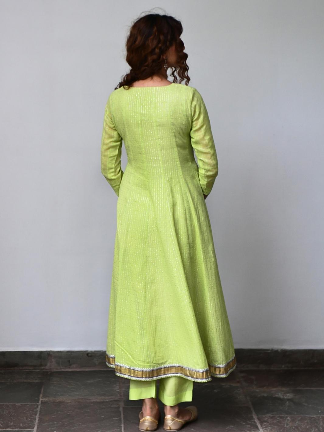 Lime Green Ethnic Anarkali Set with Organza Dupatta & Gota-work - Myaara