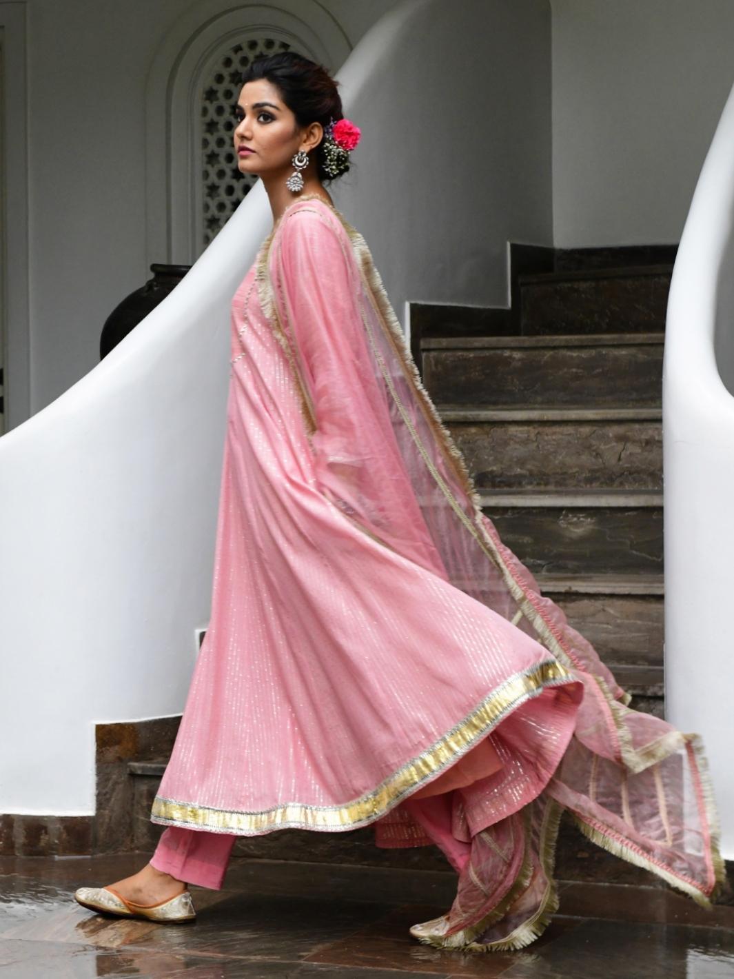 Lotus Pink Ethnic Anarkali Set with Organza Dupatta & Gota-work - Myaara