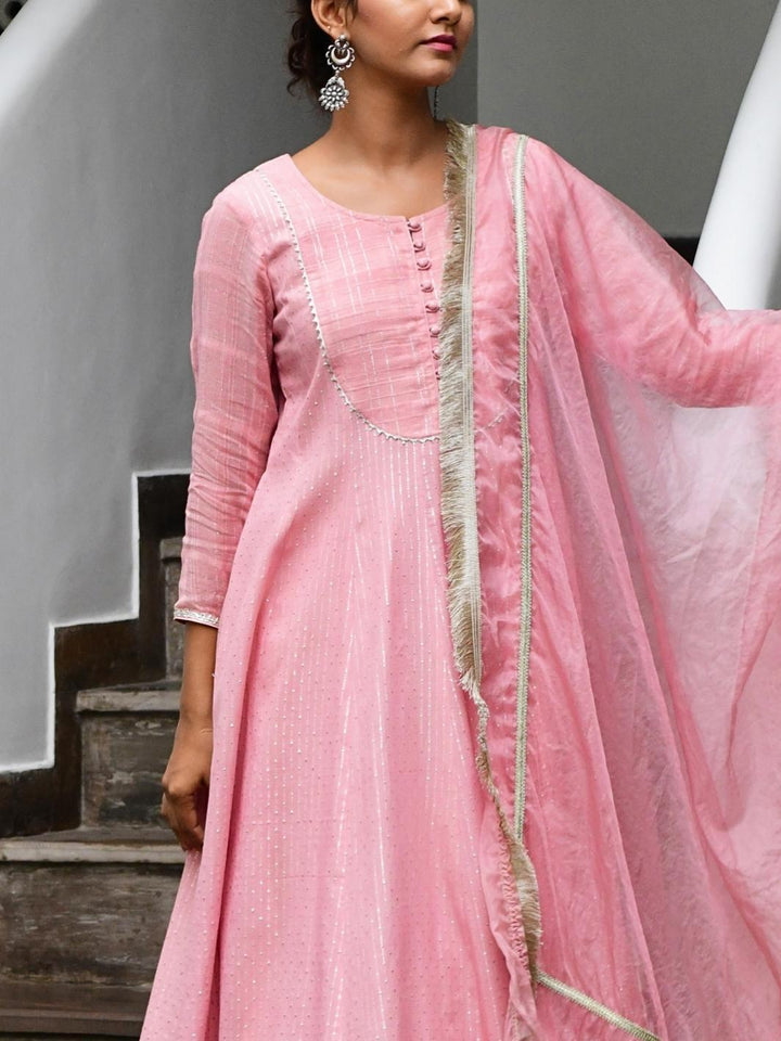 Lotus Pink Ethnic Anarkali Set with Organza Dupatta & Gota-work - Myaara