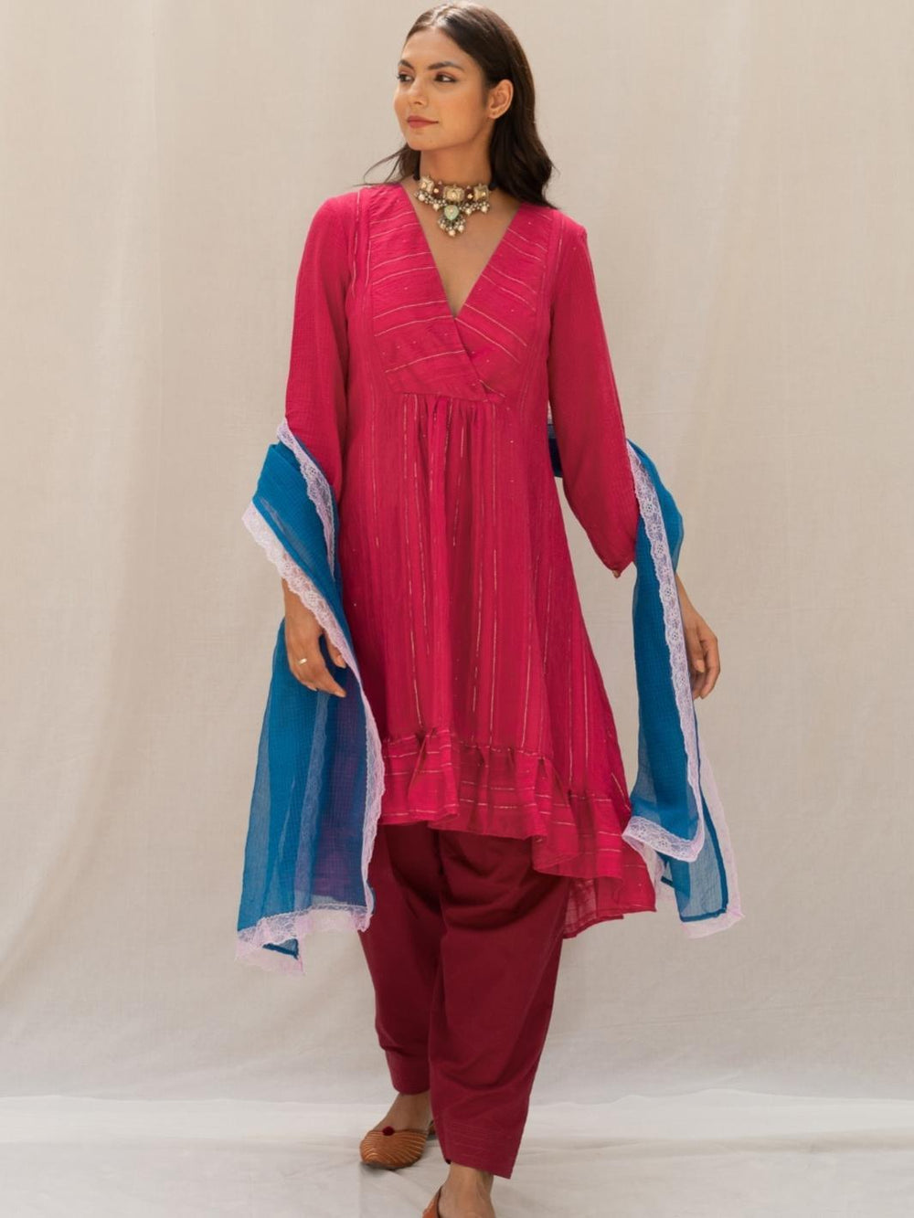 Magenta Chanderi Aymmetric Short Kurta Set with Kota Stole - Myaara