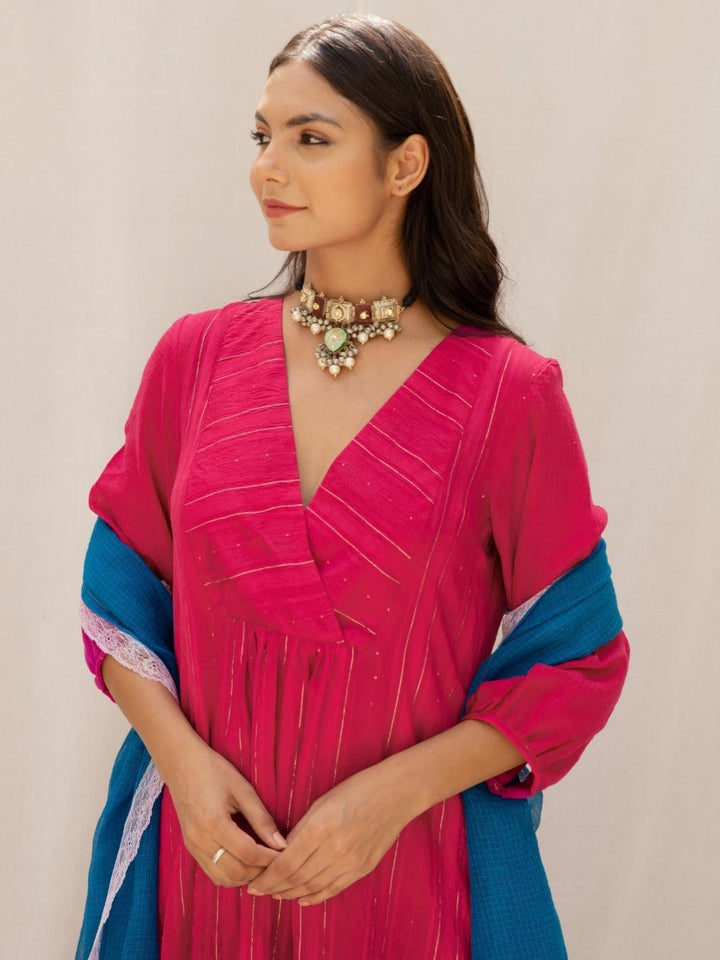 Magenta Chanderi Aymmetric Short Kurta Set with Kota Stole - Myaara