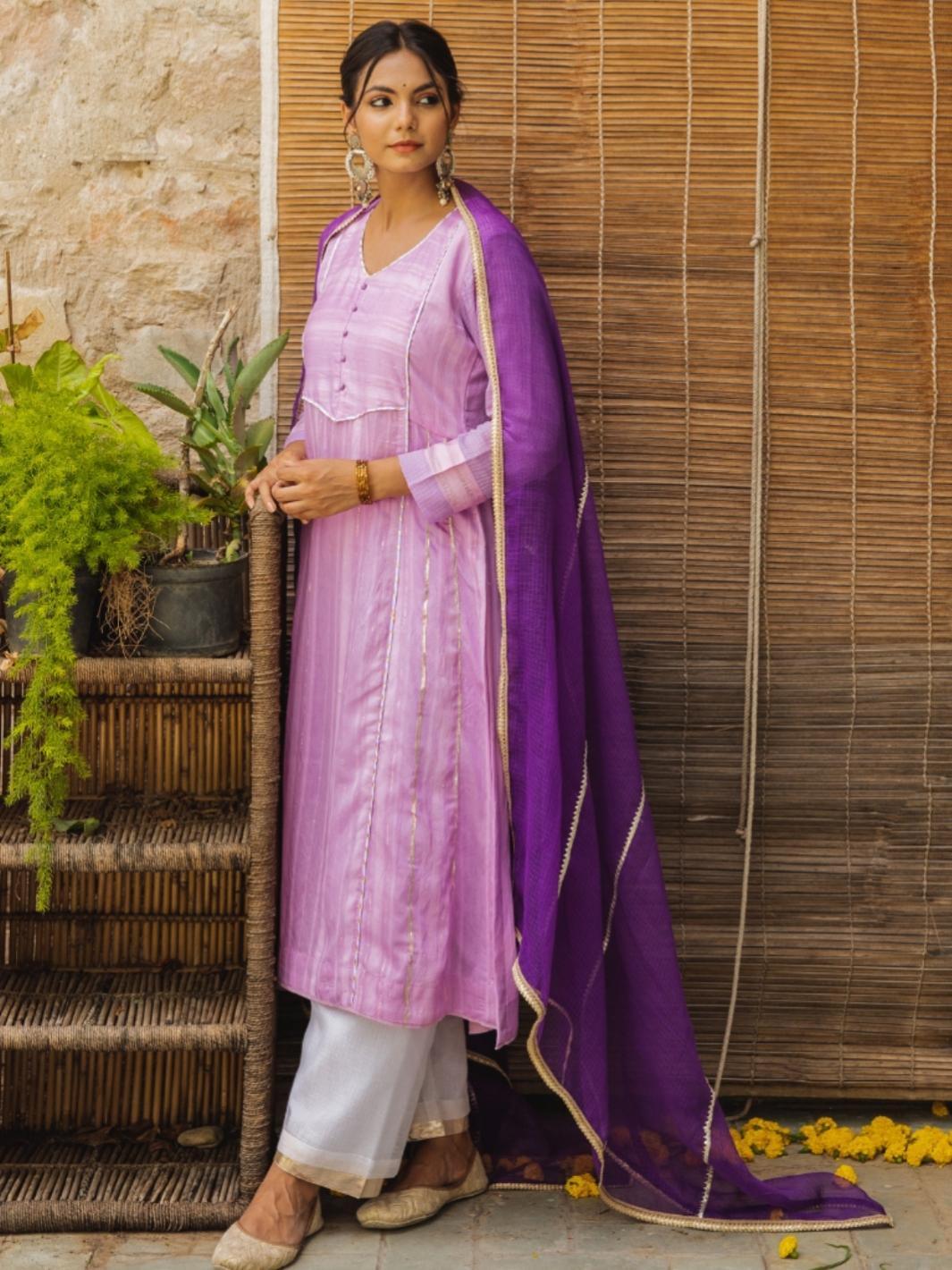 Mauve A-line Chanderi Ethnic Kurta Set with Kota Dupatta - Myaara