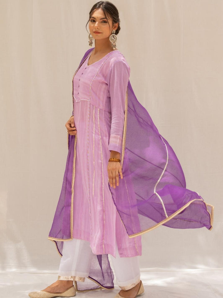 Mauve A-line Chanderi Ethnic Kurta Set with Kota Dupatta - Myaara