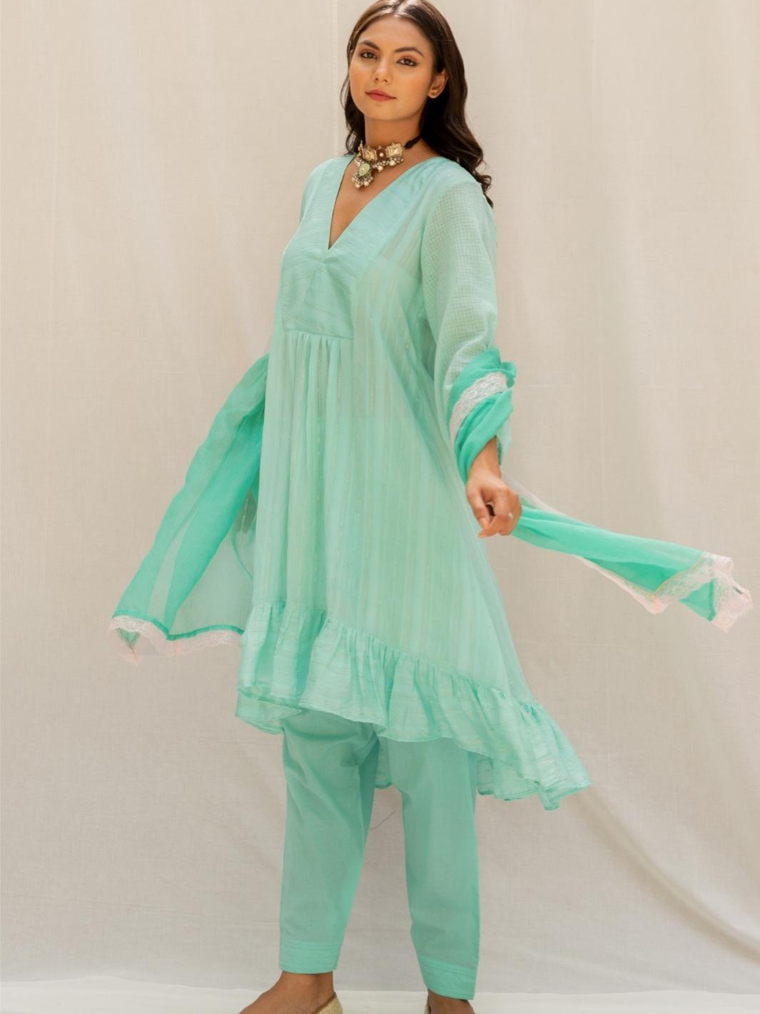 Mint Chanderi Aymmetric Short Kurta Set with Kota Stole - Myaara