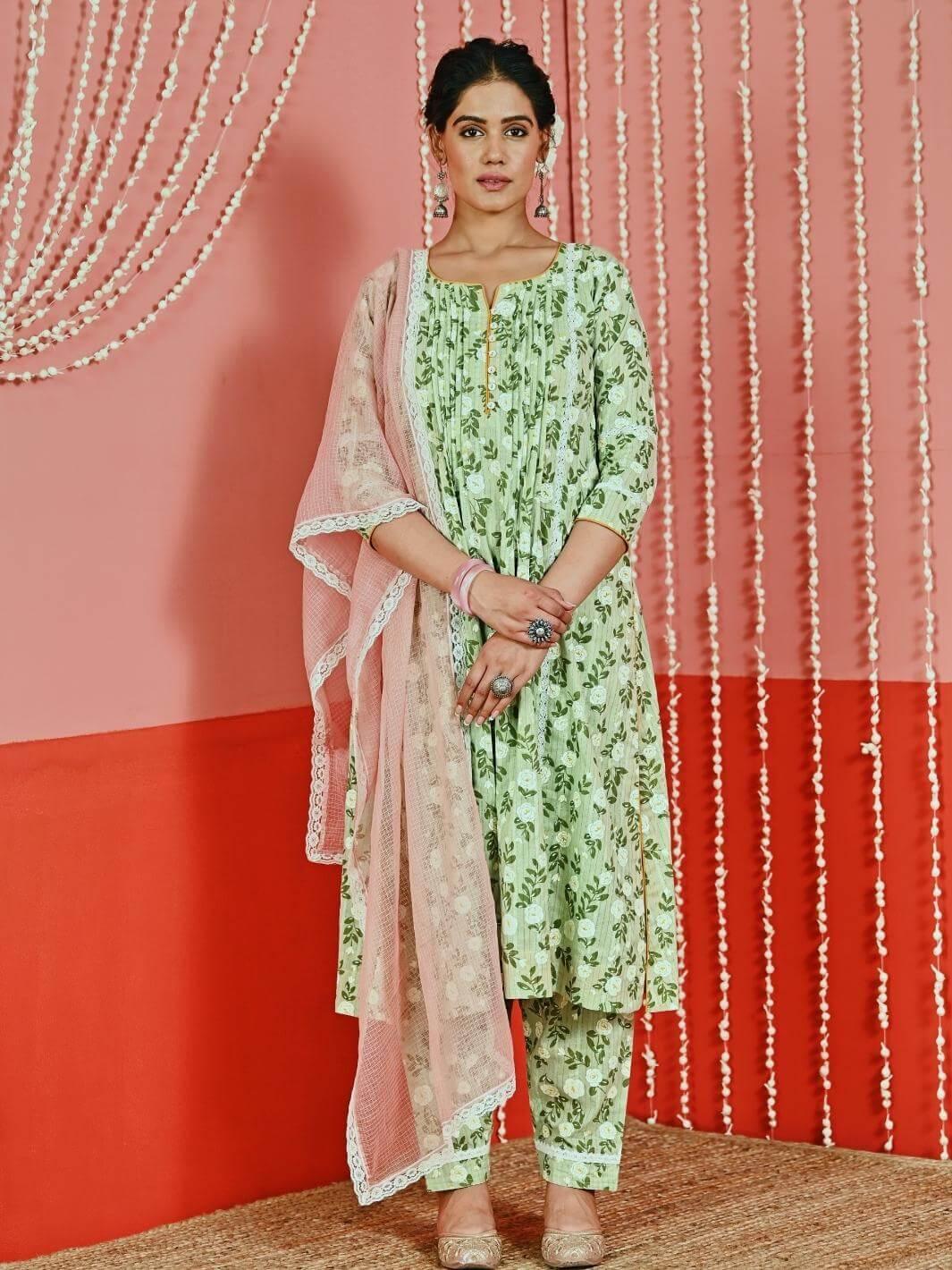 Mint Printed Cotton Kurta Set with Lace-details & Kota Dupatta - Myaara