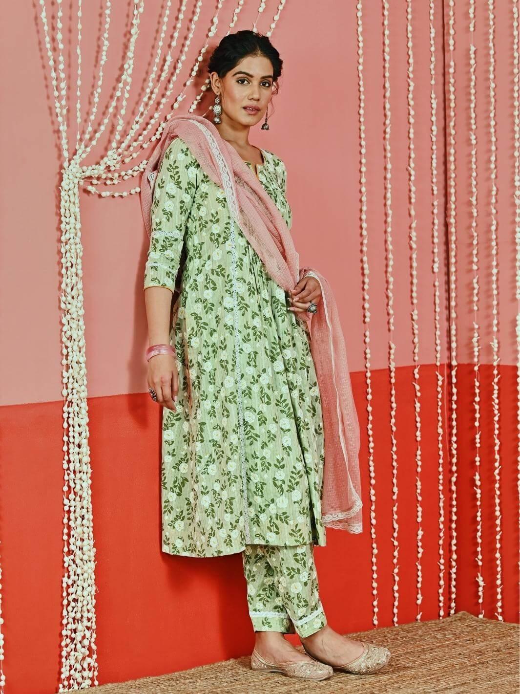 Mint Printed Cotton Kurta Set with Lace-details & Kota Dupatta - Myaara