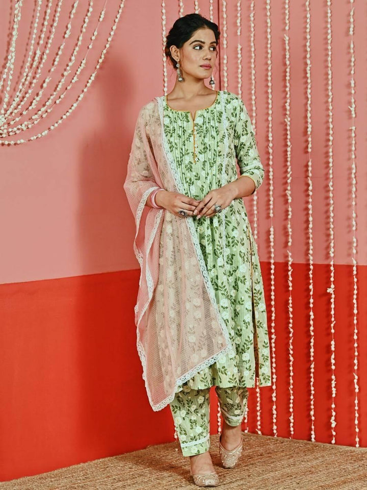 Mint Printed Cotton Kurta Set with Lace-details & Kota Dupatta - Myaara