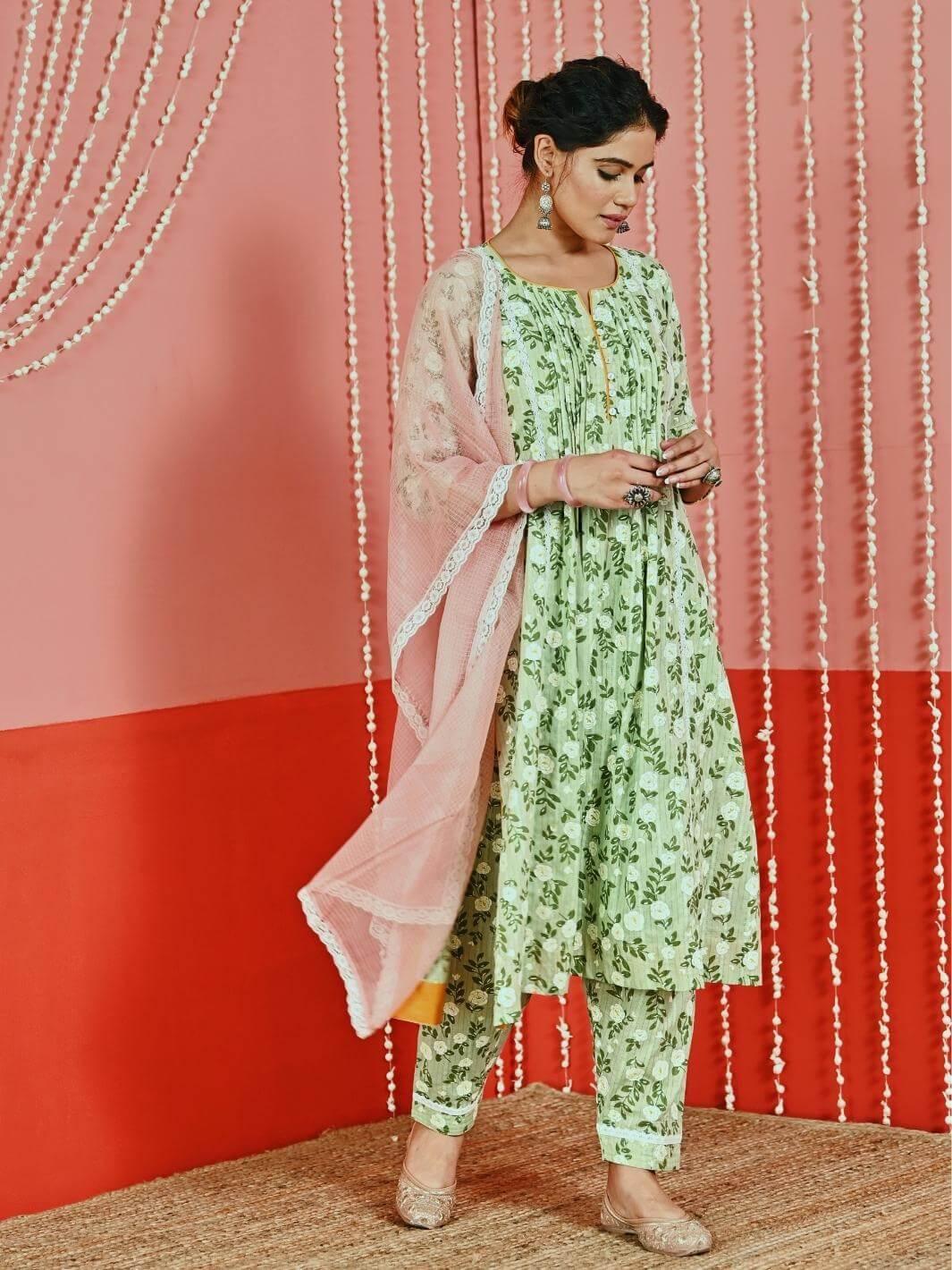 Mint Printed Cotton Kurta Set with Lace-details & Kota Dupatta - Myaara