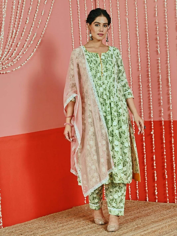 Mint Printed Cotton Kurta Set with Lace-details & Kota Dupatta - Myaara