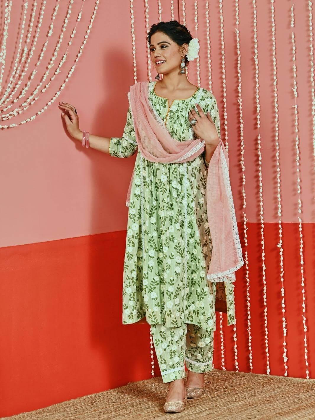 Mint Printed Cotton Kurta Set with Lace-details & Kota Dupatta - Myaara