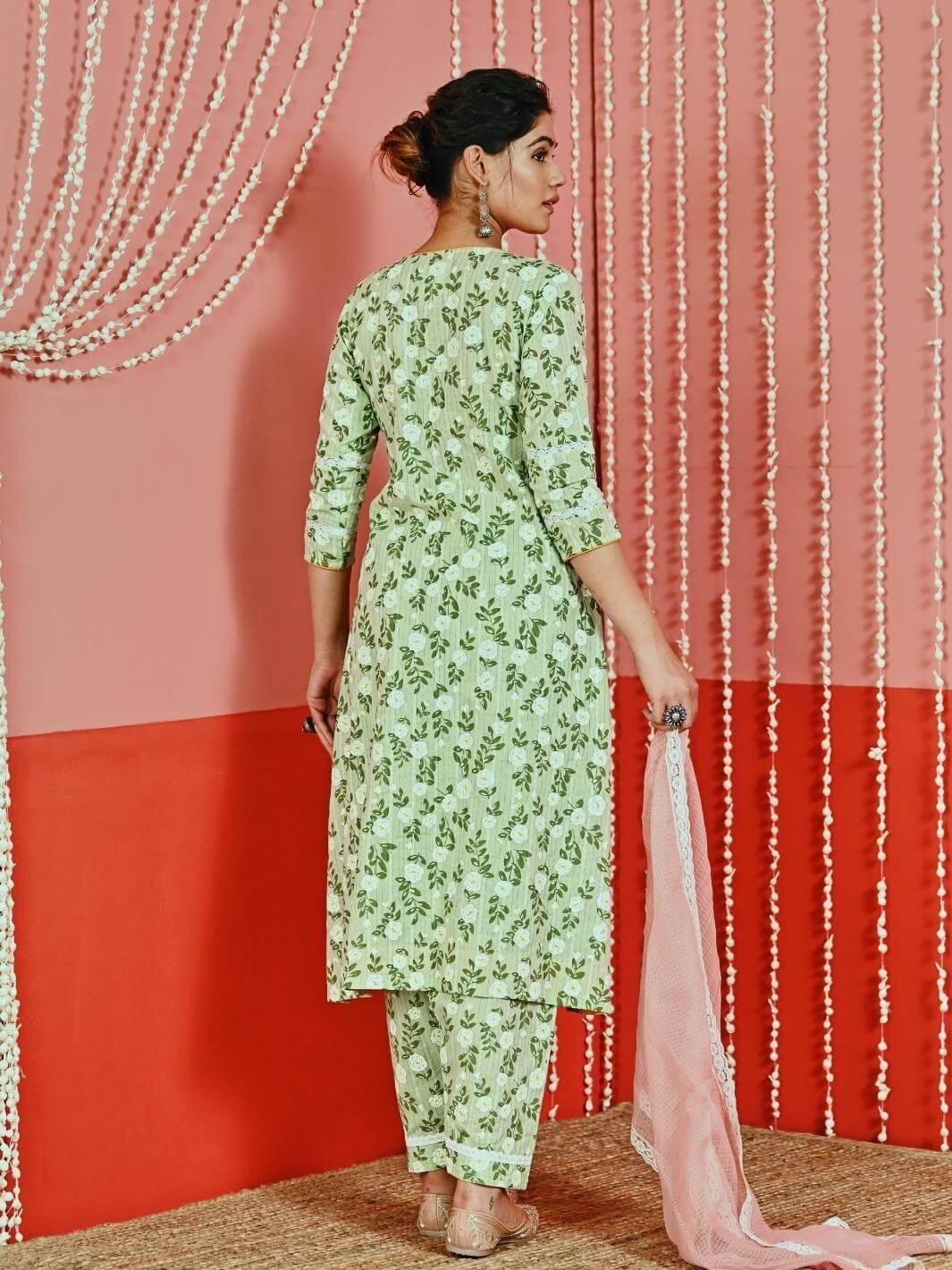 Mint Printed Cotton Kurta Set with Lace-details & Kota Dupatta - Myaara