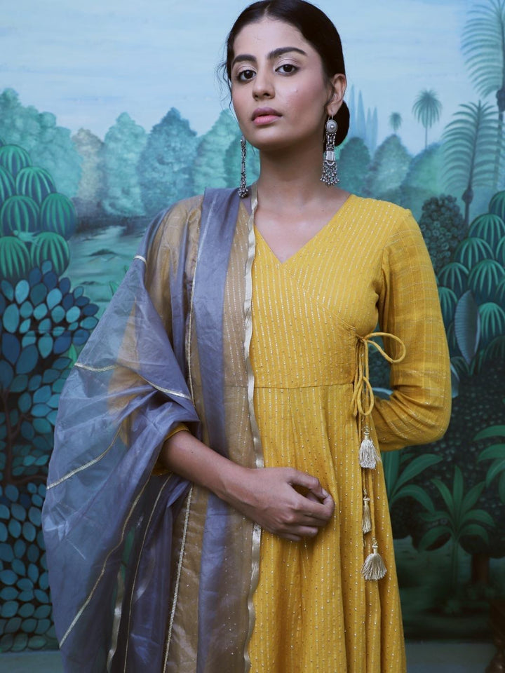 Mustard Cotton Lurex Angrakha Set with Grey Organza Dupatta - Myaara