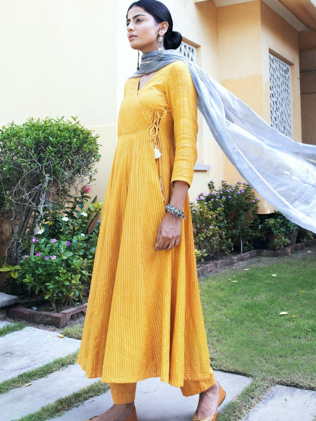 Mustard Cotton Lurex Angrakha Set with Grey Organza Dupatta - Myaara