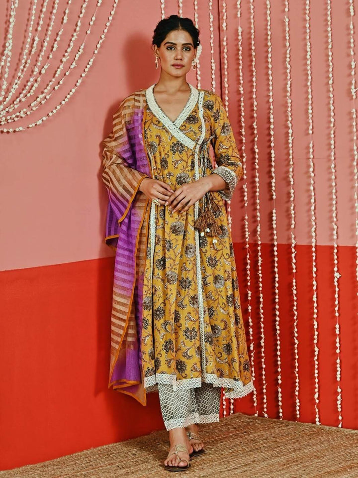 Mustard Yellow Printed Cotton Ethnic Anarkali Set with Ombre Dupatta - Myaara