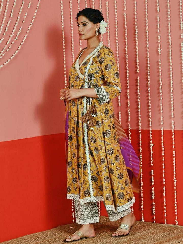 Mustard Yellow Printed Cotton Ethnic Anarkali Set with Ombre Dupatta - Myaara