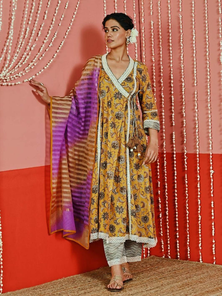 Mustard Yellow Printed Cotton Ethnic Anarkali Set with Ombre Dupatta - Myaara