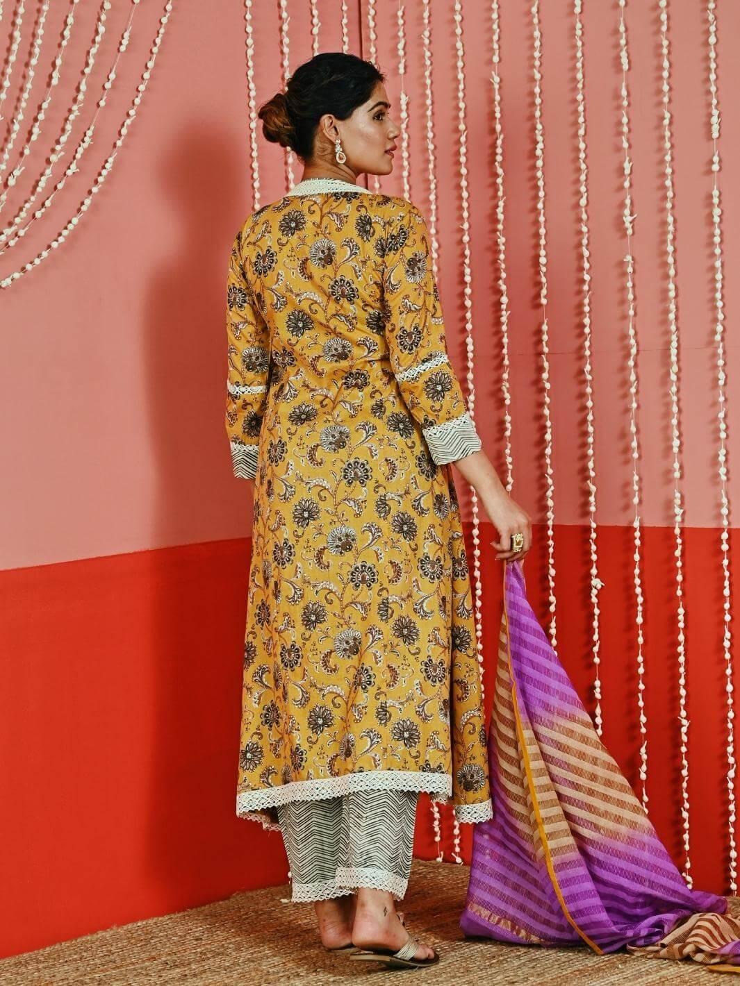 Mustard Yellow Printed Cotton Ethnic Anarkali Set with Ombre Dupatta - Myaara