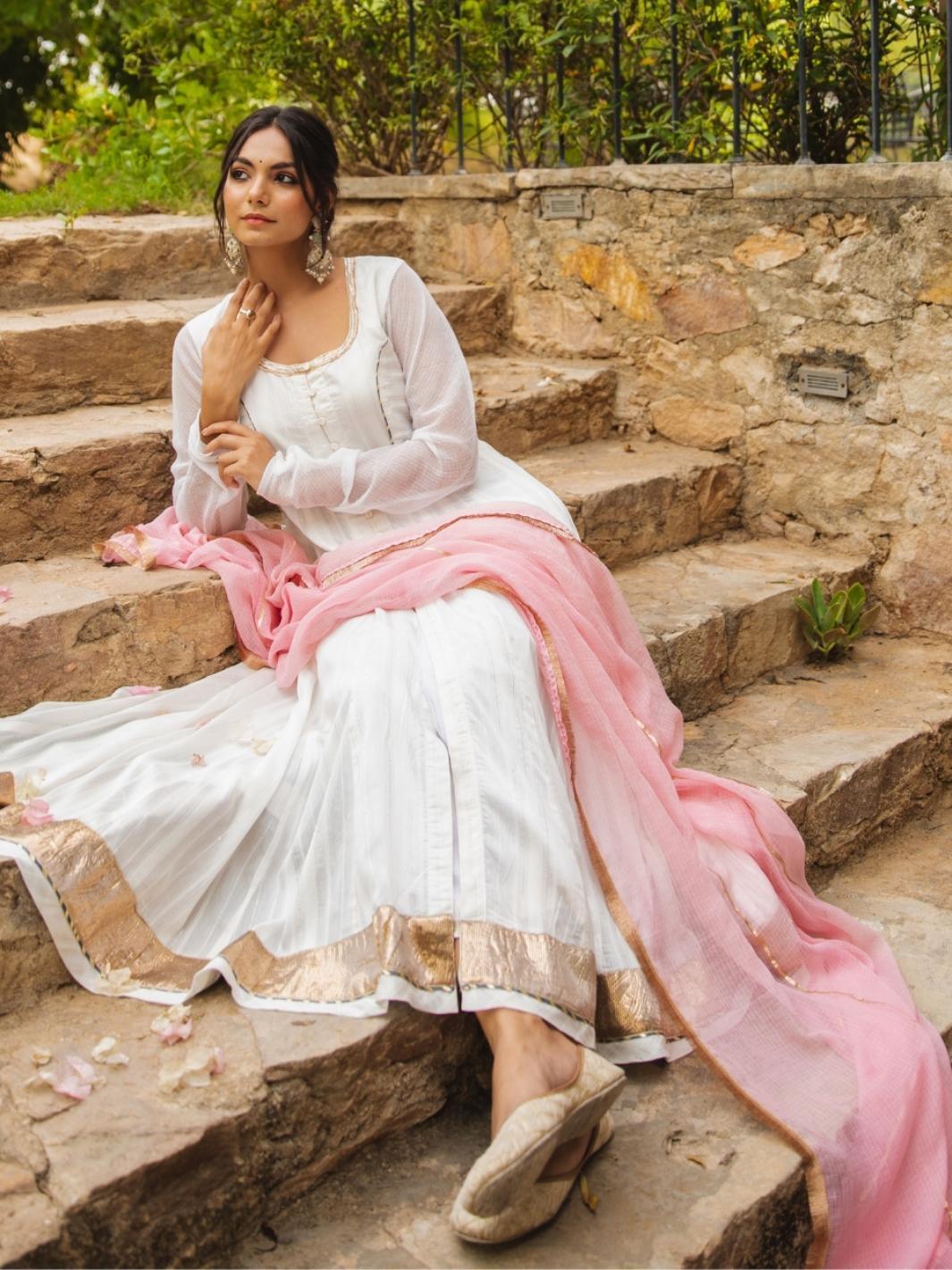 Off-White Chanderi Ethnic Anarkali Set with Pink Kota Dupatta - Myaara