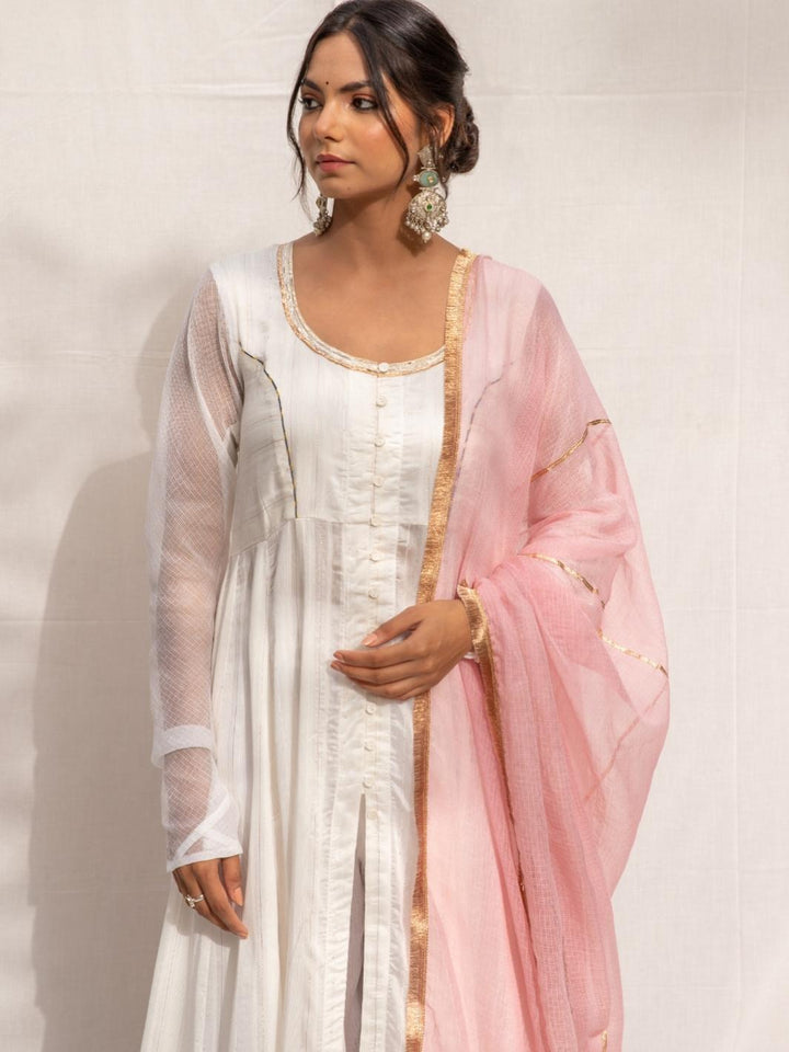 Off-White Chanderi Ethnic Anarkali Set with Pink Kota Dupatta - Myaara