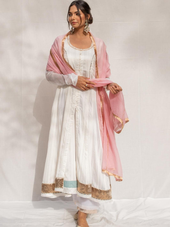 Off-White Chanderi Ethnic Anarkali Set with Pink Kota Dupatta - Myaara