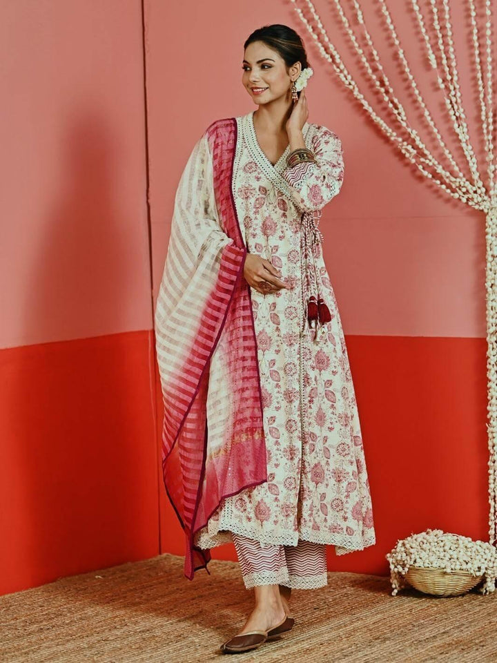 Off-White Printed Cotton Ethnic Anarkali Set with Ombre Dupatta - Myaara